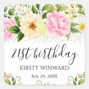 Sticker Carré Fleurs d'anniversaire aquarelle jaune et rose