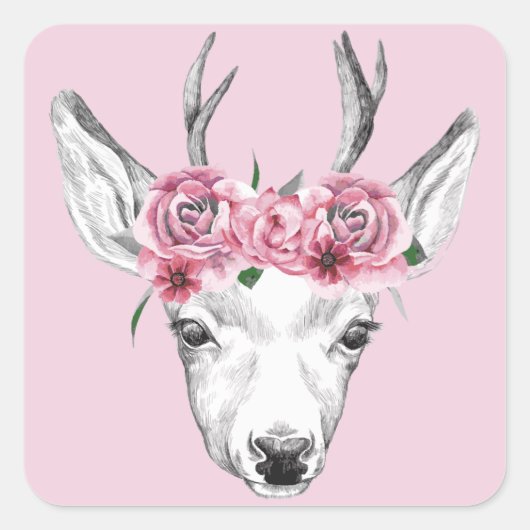 Sticker Carré Fleurs d'aquarelle Cerf (Devant)