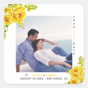 Sticker Carré Fleurs d'aquarelle jaune, feuilles verts et photo