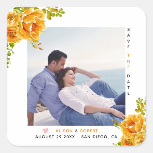 Sticker Carré Fleurs d'aquarelle orange, feuilles verts et photo