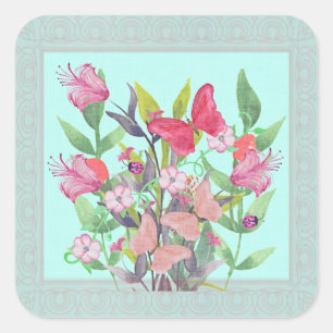 Sticker Carré Fleurs d'aquarelle rose et rouge et papillons