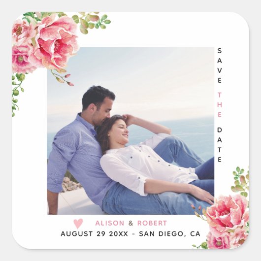 Sticker Carré Fleurs d'aquarelle rose, feuilles verts sauge, pho (Devant)