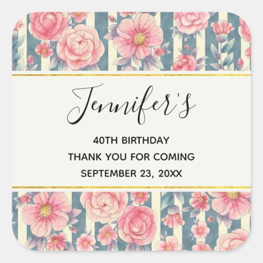 Sticker Carré Fleurs d'aquarelle rose sur rayures Anniversaire (Devant)