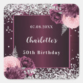 Sticker Carré Fleurs d'argent bourgogne anniversaire (Devant)