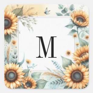 Sticker Carré Fleurs d'automne et tournesols aquarelle monogramm