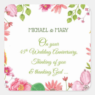 Sticker Carré Fleurs de 45e anniversaire de mariage religieux