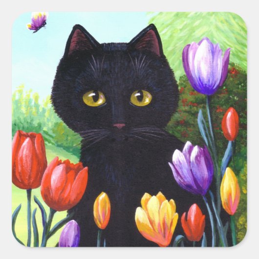 Sticker Carré Fleurs de chats noires mignonnes Tulipes Créationa (Devant)