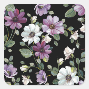 Sticker Carré Fleurs De Cosmos Élégantes : Aquarelle Sans Couleu