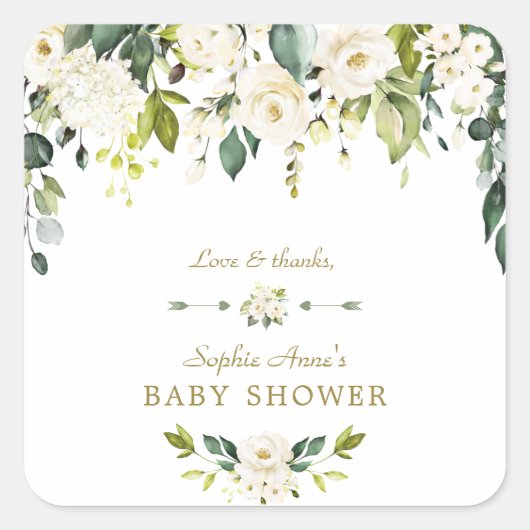 Sticker Carré Fleurs de crème blanche Baby shower d'or (Devant)