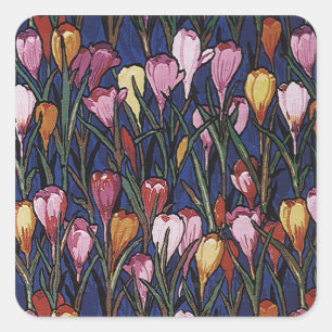 Sticker Carré Fleurs de crocus vintage dans un jardin, motif flo