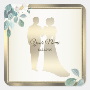 Sticker Carré Fleurs de feuilles vertes cadre doré mariage fête