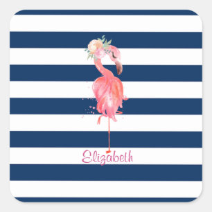 Sticker Carré Fleurs de Flamants Roses Mignons, Rayés