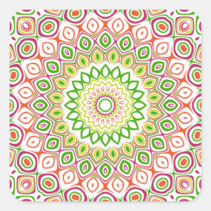 Sticker Carré Fleurs de kaléidoscope rose, vert, jaune et orange