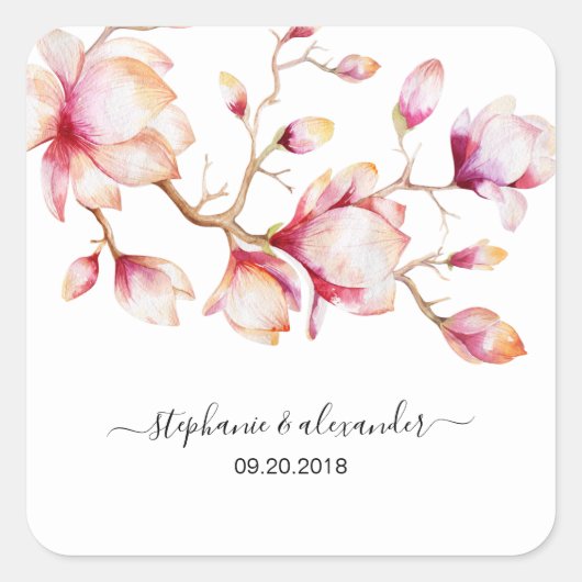 Sticker Carré Fleurs de Magnolia rose Aquarelle (Devant)