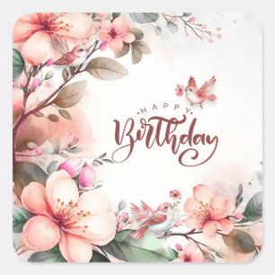 Sticker Carré Fleurs de magnolia roses et oiseaux Joyeux Anniver