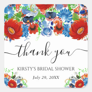 Sticker Carré Fleurs de mariage estivales rouges et bleues pour 