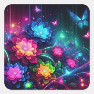 Sticker Carré Fleurs de néon brillantes et colorées/papillons