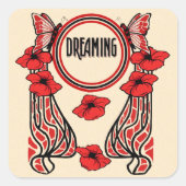 Sticker Carré Fleurs de pavot rouge Papillon Rêve Abstrait (Devant)