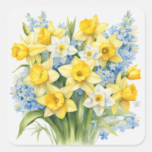 Sticker Carré Fleurs de printemps à l'aquarelle jonquilles
