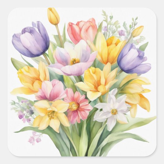 Sticker Carré Fleurs de printemps à l'aquarelle Tulipes (Devant)