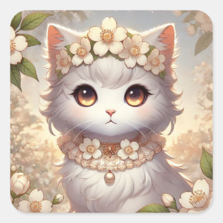 Sticker Carré Fleurs de printemps blanches Princess Cat