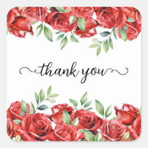 Sticker Carré Fleurs de roses rouges aquarelle bordure