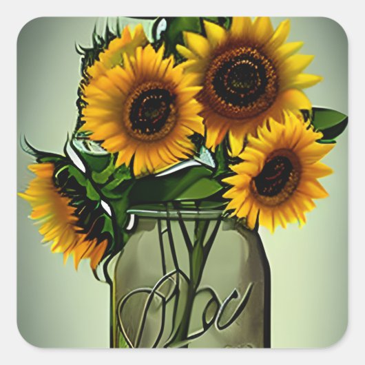 Sticker Carré Fleurs de soleil dans l'Art numérique de pot de ve (Devant)