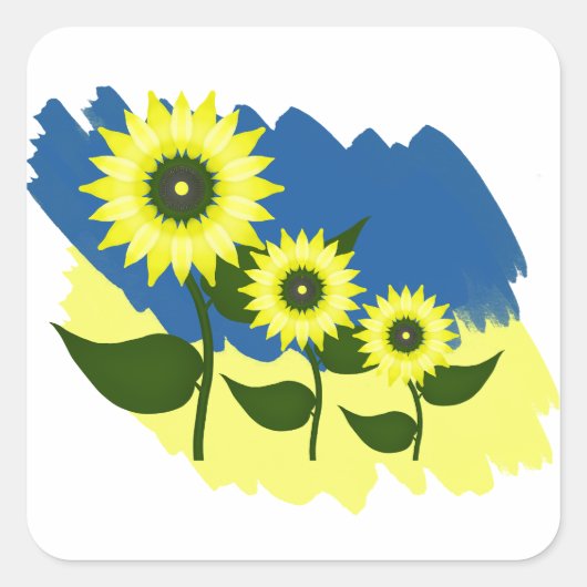 Sticker Carré Fleurs de soleil en fleurs et drapeau ukrainien. (Devant)