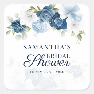 Sticker Carré Fleurs de teintes bleues et blanches aquarelle pou