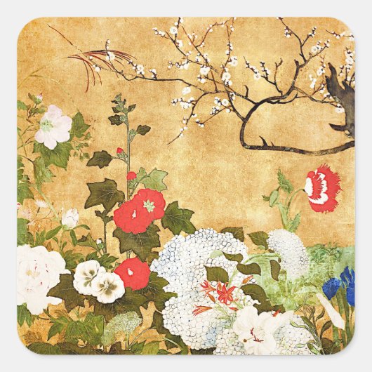 Sticker Carré Fleurs des quatre saisons, Saito Ippo, Art asiatiq (Devant)
