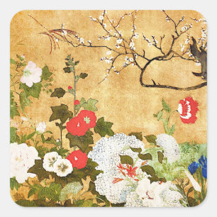 Sticker Carré Fleurs des quatre saisons, Saito Ippo, Art asiatiq