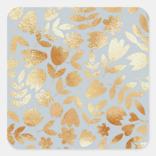 Sticker Carré Fleurs d'or, arrière - plan bleu, imitation feuill