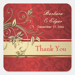 Sticker Carré Fleurs d'or sur Merci de mariage damassé rouge