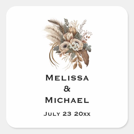 Sticker Carré Fleurs Élégantes Feuillage et plumes Mariage Date (Devant)