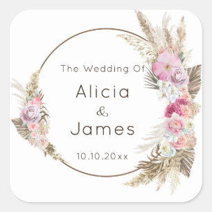 Sticker Carré Fleurs et plumes aquarelles boho