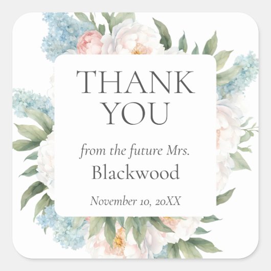 Sticker Carré FLEURS FLEURISSANTES BLEU PÂLE ROSE MARIÉE Merci (Devant)