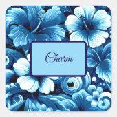 Sticker Carré Fleurs hawaïennes tropicales Hibiscus Motif bleu (Devant)