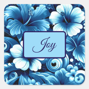 Sticker Carré Fleurs hawaïennes tropicales Hibiscus Motif bleu