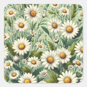 Sticker Carré Fleurs marguerites Arrière - plan vert sans coutur