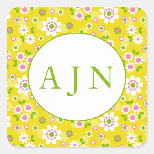 Sticker Carré Fleurs Mood rétro Monogramme jaune et blanc (Devant)