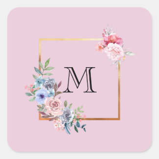 Sticker Carré Fleurs multicolores dorées vintage Monogramme Text