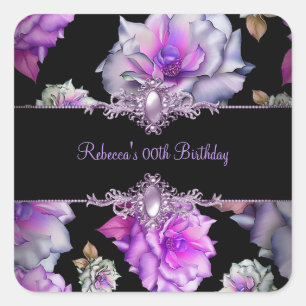 Sticker Carré Fleurs Noir Violet Floral Fête d'anniversaire