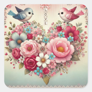 Sticker Carré Fleurs/oiseaux/coeur vintages Saint-Valentin