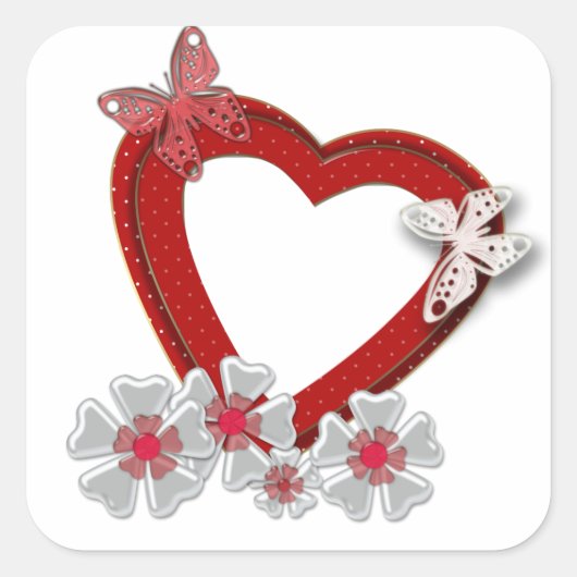 Sticker Carré Fleurs papillon coeur rouge Saint-Valentin amour n (Devant)
