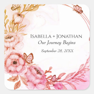 Sticker Carré Fleurs papillon florales orange rose personnalisée