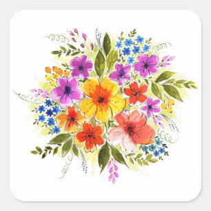 Sticker Carré Fleurs peintes à la main, bouquet d'aquarelle lumi