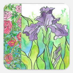 Sticker Carré Fleurs pourpres d'aquarelle d'iris de roses roses
