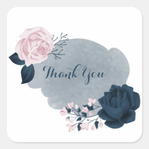 Sticker Carré fleurs rose et marine merci classique bâton rond