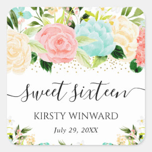 Sticker Carré Fleurs rose et menthe aquarelle Sweet Sixteen
