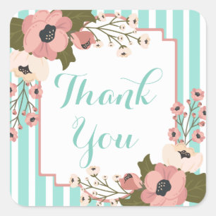 Sticker Carré Fleurs Rose Merci Vert Stripes Mariage